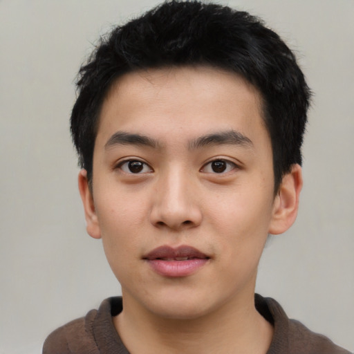 Neutral asian young-adult male with short  black hair and brown eyes