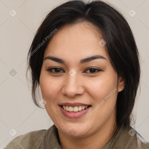 Joyful white young-adult female with medium  brown hair and brown eyes