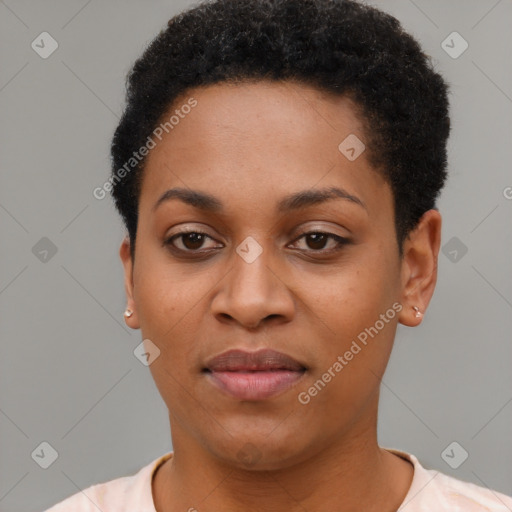 Neutral black young-adult female with short  black hair and brown eyes