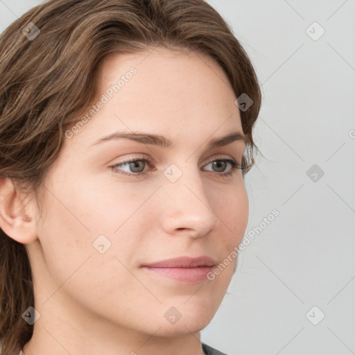 Neutral white young-adult female with medium  brown hair and grey eyes