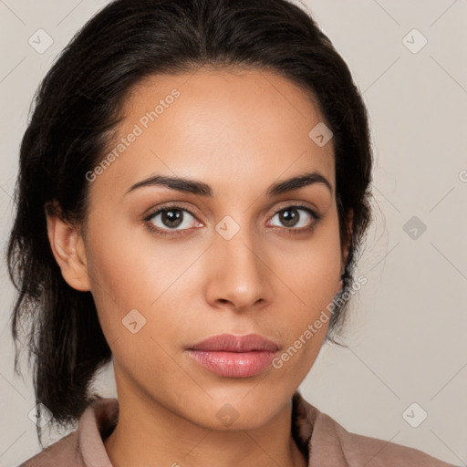 Neutral latino young-adult female with medium  brown hair and brown eyes