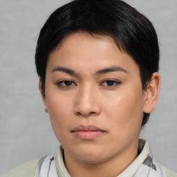 Neutral asian young-adult female with short  black hair and brown eyes