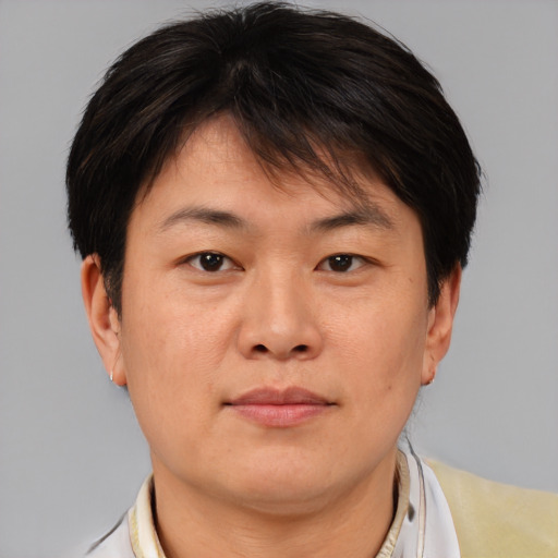Neutral asian young-adult female with short  brown hair and brown eyes