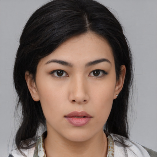 Neutral asian young-adult female with medium  black hair and brown eyes
