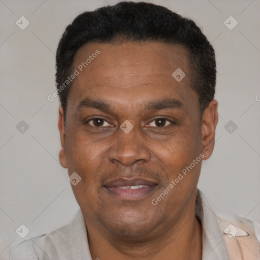 Joyful latino adult male with short  black hair and brown eyes
