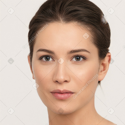 Neutral white young-adult female with medium  brown hair and brown eyes