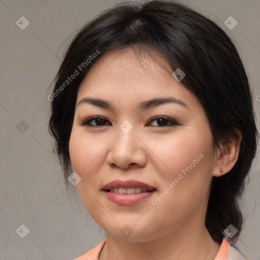 Joyful asian young-adult female with medium  brown hair and brown eyes