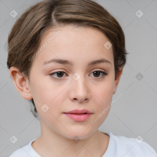 Neutral white young-adult female with short  brown hair and brown eyes