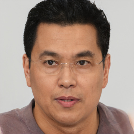 Joyful asian adult male with short  brown hair and brown eyes