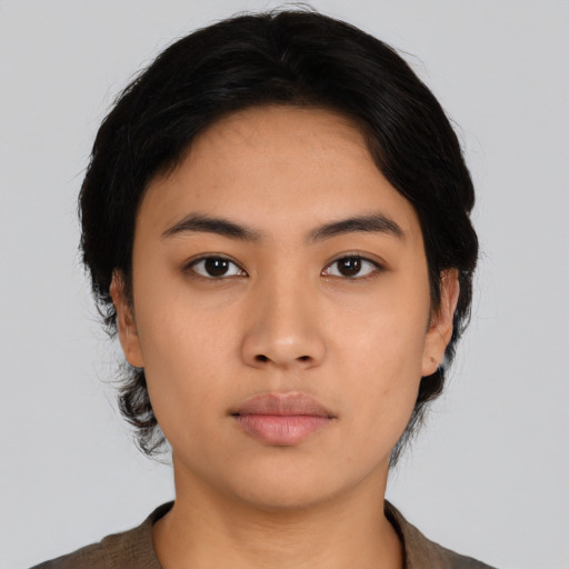 Neutral asian young-adult female with short  black hair and brown eyes