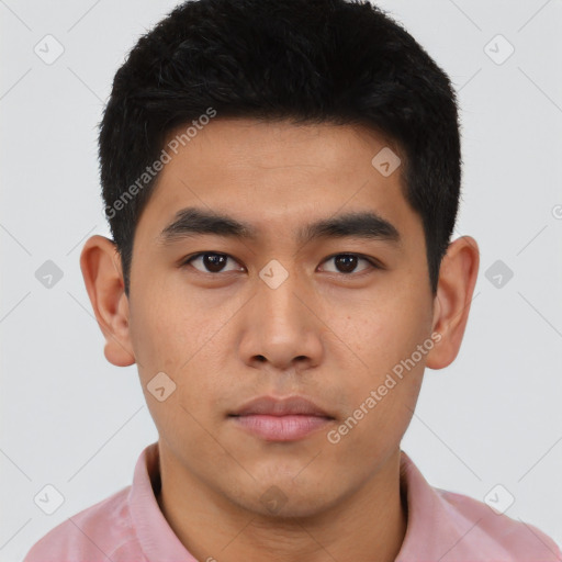 Neutral asian young-adult male with short  black hair and brown eyes