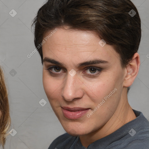 Joyful white young-adult female with medium  brown hair and brown eyes