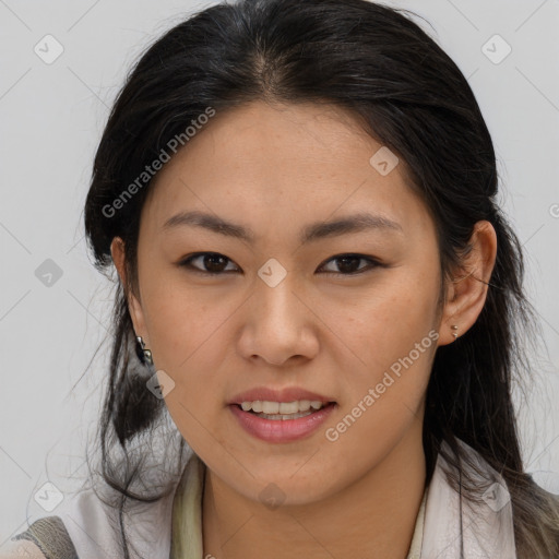 Joyful asian young-adult female with medium  brown hair and brown eyes