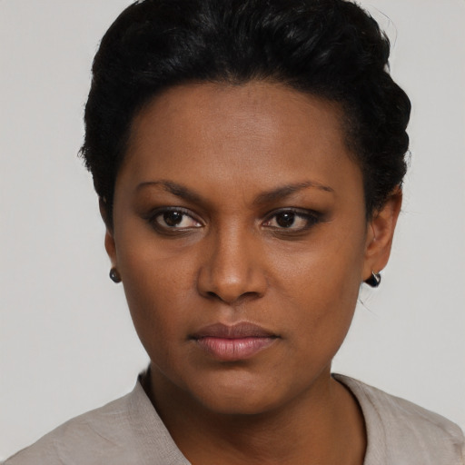 Neutral black young-adult female with short  black hair and brown eyes
