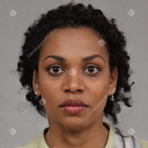 Neutral black young-adult female with short  black hair and brown eyes