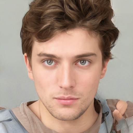 Neutral white young-adult male with short  brown hair and grey eyes