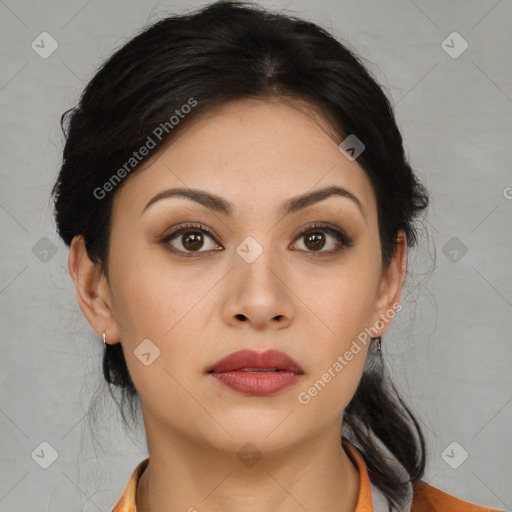 Neutral asian young-adult female with medium  brown hair and brown eyes