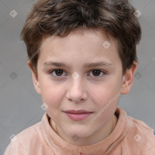 Joyful white child male with short  brown hair and brown eyes