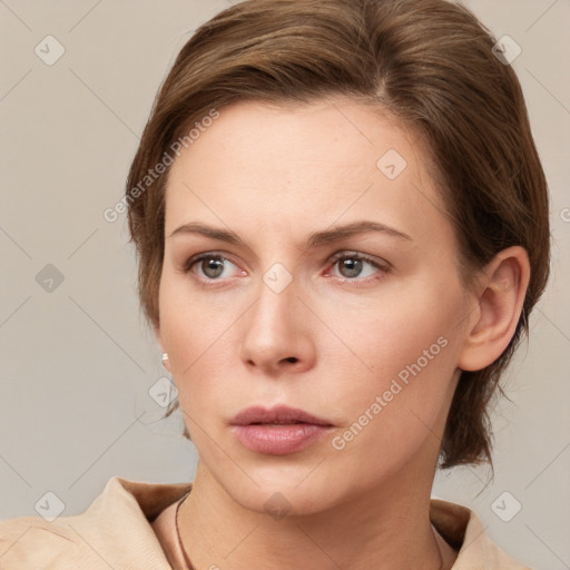 Neutral white young-adult female with medium  brown hair and brown eyes