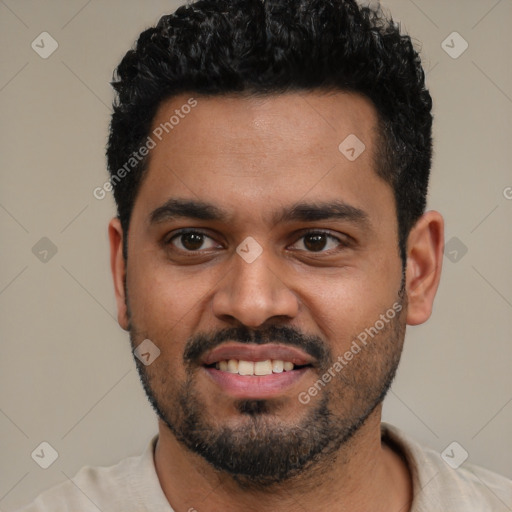 Joyful latino young-adult male with short  black hair and brown eyes