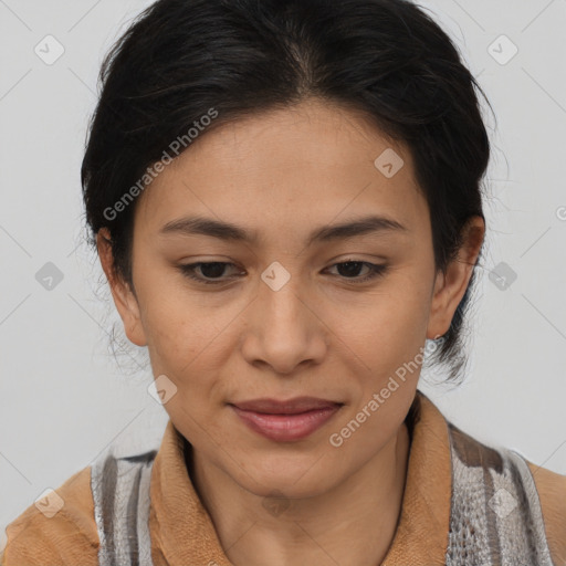 Joyful asian young-adult female with medium  brown hair and brown eyes