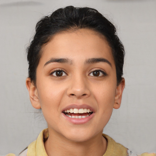 Joyful latino young-adult female with short  brown hair and brown eyes