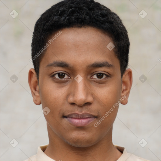 Joyful black young-adult male with short  black hair and brown eyes