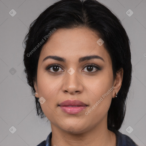 Joyful latino young-adult female with medium  black hair and brown eyes