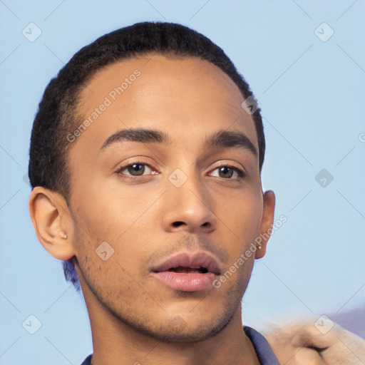 Neutral latino young-adult male with short  black hair and brown eyes