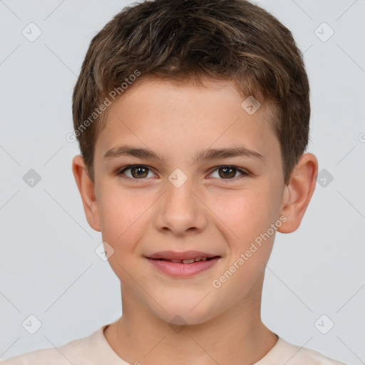 Joyful white child male with short  brown hair and brown eyes