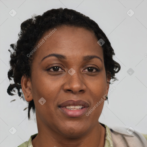 Joyful black adult female with short  brown hair and brown eyes