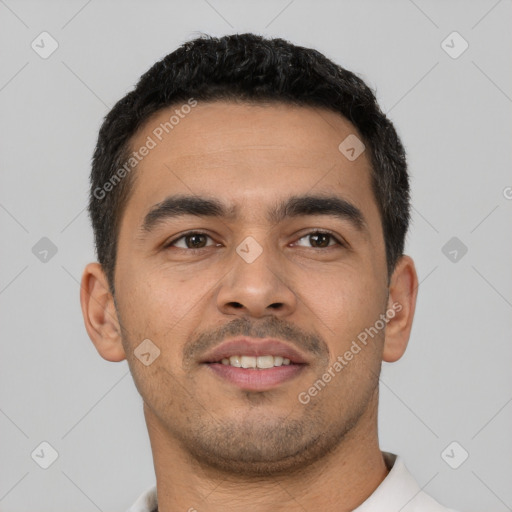 Neutral latino young-adult male with short  black hair and brown eyes