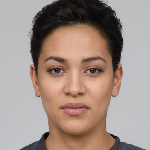 Neutral latino young-adult female with short  black hair and brown eyes