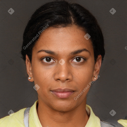 Neutral black young-adult female with short  black hair and brown eyes