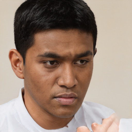 Neutral asian young-adult male with short  black hair and brown eyes