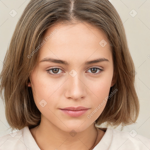 Neutral white young-adult female with medium  brown hair and brown eyes