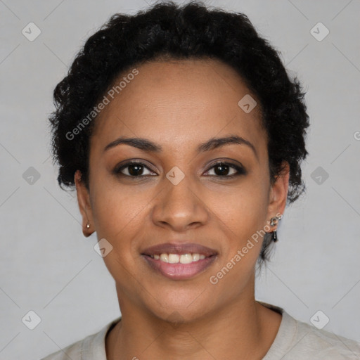 Joyful latino young-adult female with short  black hair and brown eyes