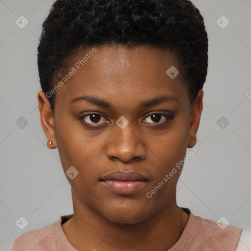 Neutral black young-adult female with short  brown hair and brown eyes