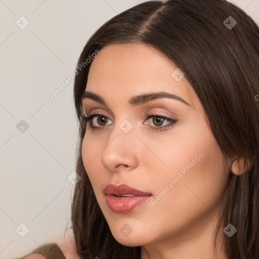 Neutral white young-adult female with medium  brown hair and brown eyes