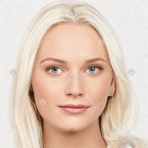 Joyful white young-adult female with long  brown hair and blue eyes