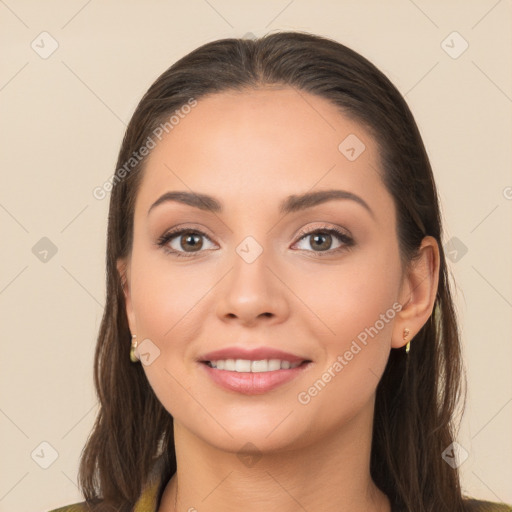 Joyful white young-adult female with long  brown hair and brown eyes