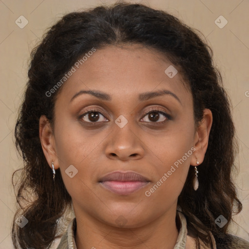 Joyful latino young-adult female with long  brown hair and brown eyes
