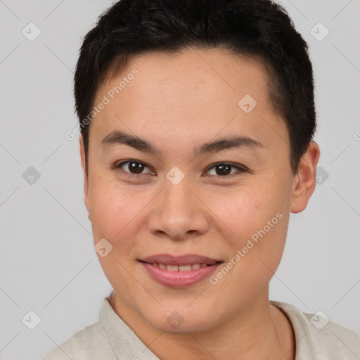 Joyful white young-adult female with short  brown hair and brown eyes