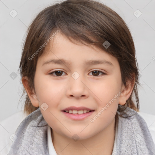 Joyful white child female with medium  brown hair and brown eyes