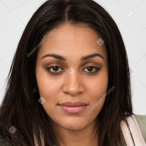 Joyful latino young-adult female with long  brown hair and brown eyes