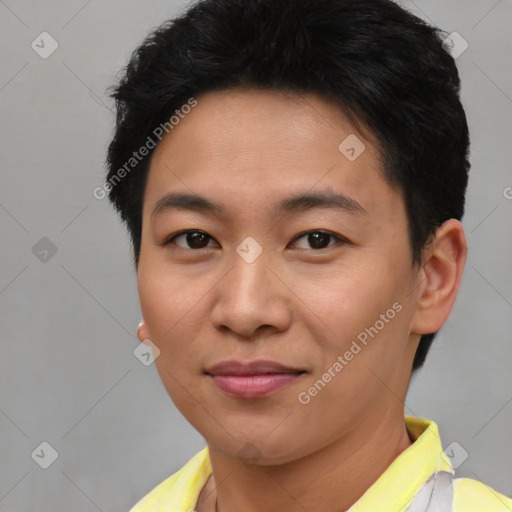 Joyful asian young-adult female with short  brown hair and brown eyes