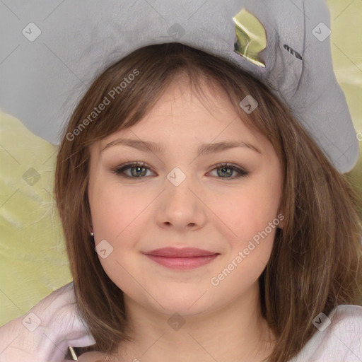 Joyful white child female with medium  brown hair and brown eyes