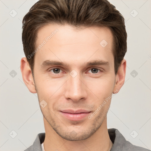 Neutral white young-adult male with short  brown hair and grey eyes