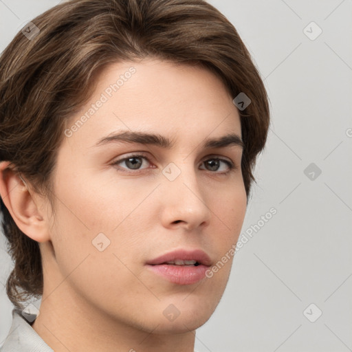 Neutral white young-adult female with short  brown hair and brown eyes