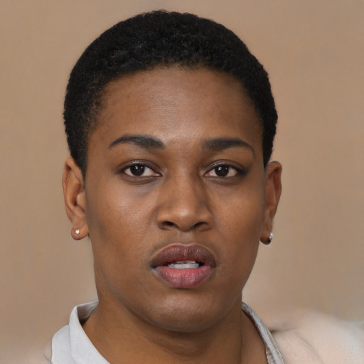 Neutral black young-adult female with short  black hair and brown eyes